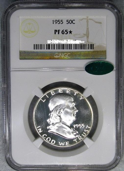 DM Rare Coins specializes in Prooflike coins, and coins with the NGC Star, as well as NGC/CAC and PCGS/CAC coins. This 1955 Proof Franklin half dollar has a Cameo obverse and the NGC Star.