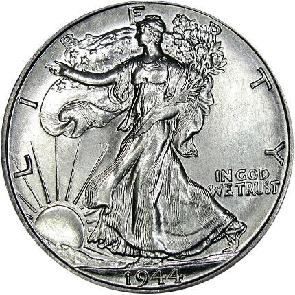 1944-D Re-engraved Design Semi - Prooflike Walking Liberty Half Dollar. Courtesy DM Rare Coins coin photography service.