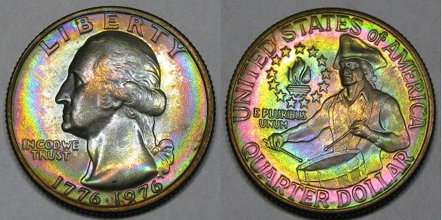 DM Rare Coins coin photography service provides rainbow toned Washington Quarter pictures. Clads with rainbow toning are rare coins.