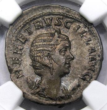 Obverse Herennia Etruscilla Anchient Roman Overstrike. Image courtesy DM Rare Coins coin photography service.