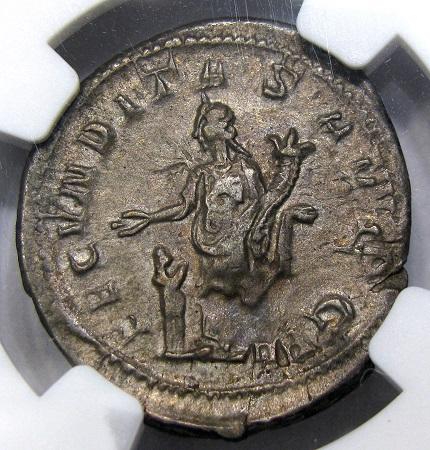 Reverse. Herennia Etruscilla Anchient Roman Overstrike. Image courtesy DM Rare Coins coin photography service.