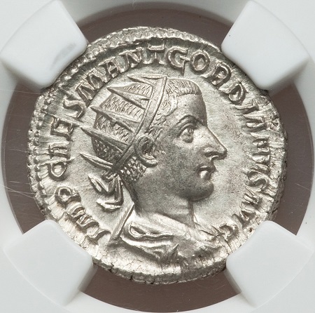 Obverse. Gordian III Anchient Roman Antoninianus. Image courtesy Heritage.