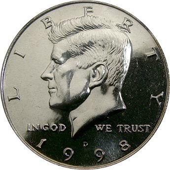 1998-D Deep Mirror Prooflike Kennedy half dollar. Image courtesy DM Rare Coins coin photography service.